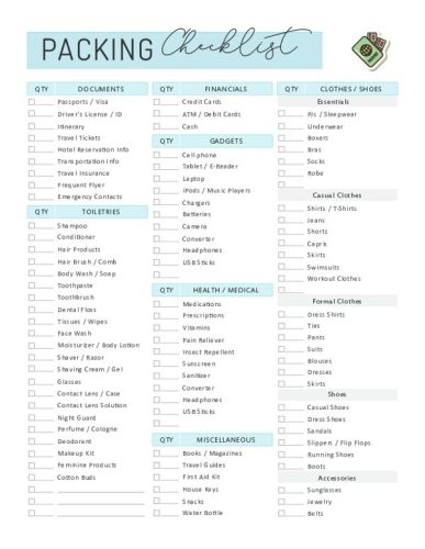Printable Packing Travel Checklist Template Sample | Templateral