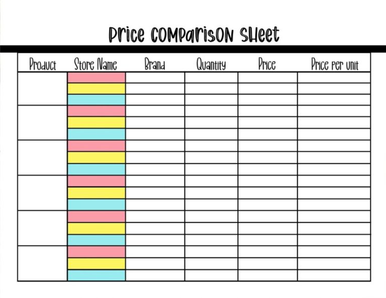 Printable Price Comparison Sheet Template | Templateral