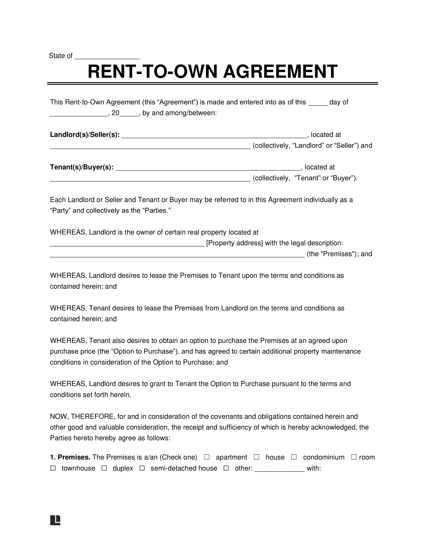 Printable Rent to own Agreement Template Printable Rent to own Agreement Template
