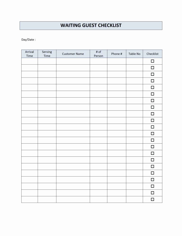 Printable Restaurant Waiting List Template | Templateral