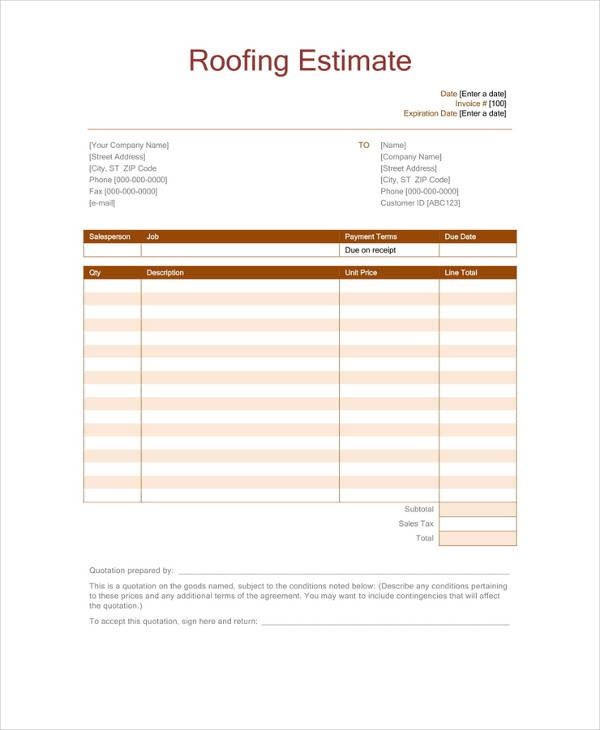 Printable Roof Estimate Template Example Printable Roof Estimate Template Example