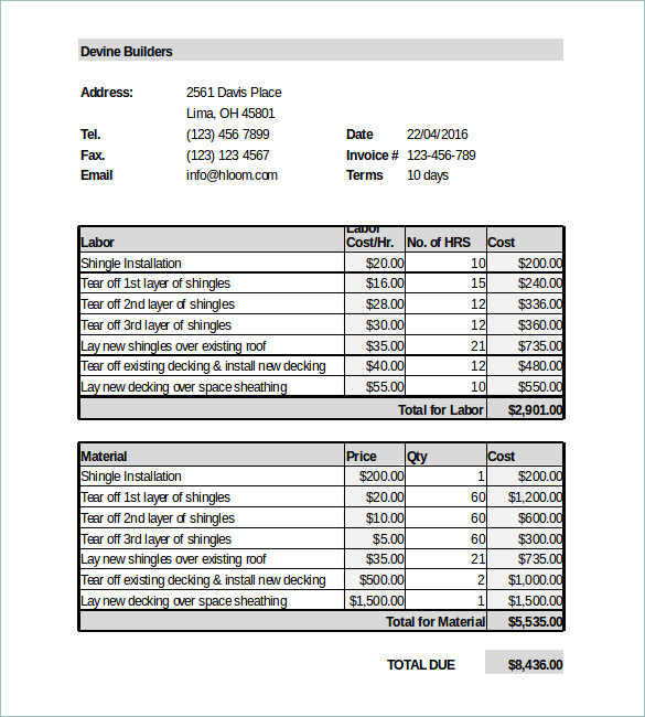 Printable Roof Estimate Template Sample Printable Roof Estimate Template Sample