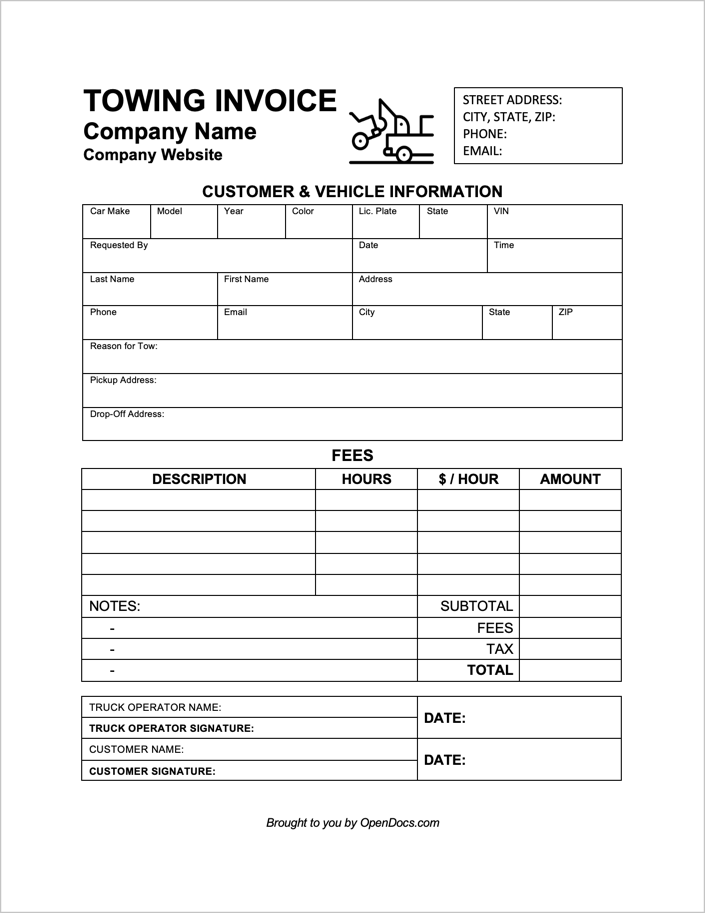 Printable Towing Receipt Template Example