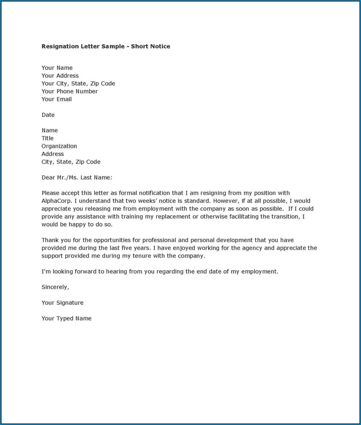 Short And Simple Resignation Letter Sample from www.templateral.com