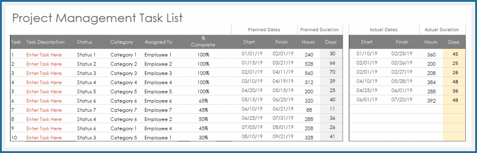 √ Project Manager Task List Template