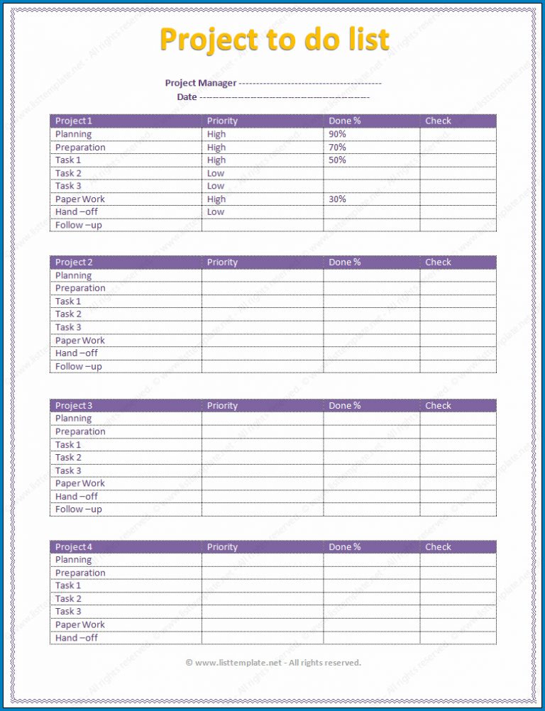 √ Free Printable Project Task List Template