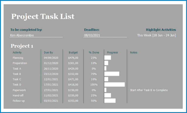 √ Free Project Task List Template Excel