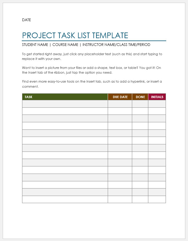 Free Printable Project Task List Template