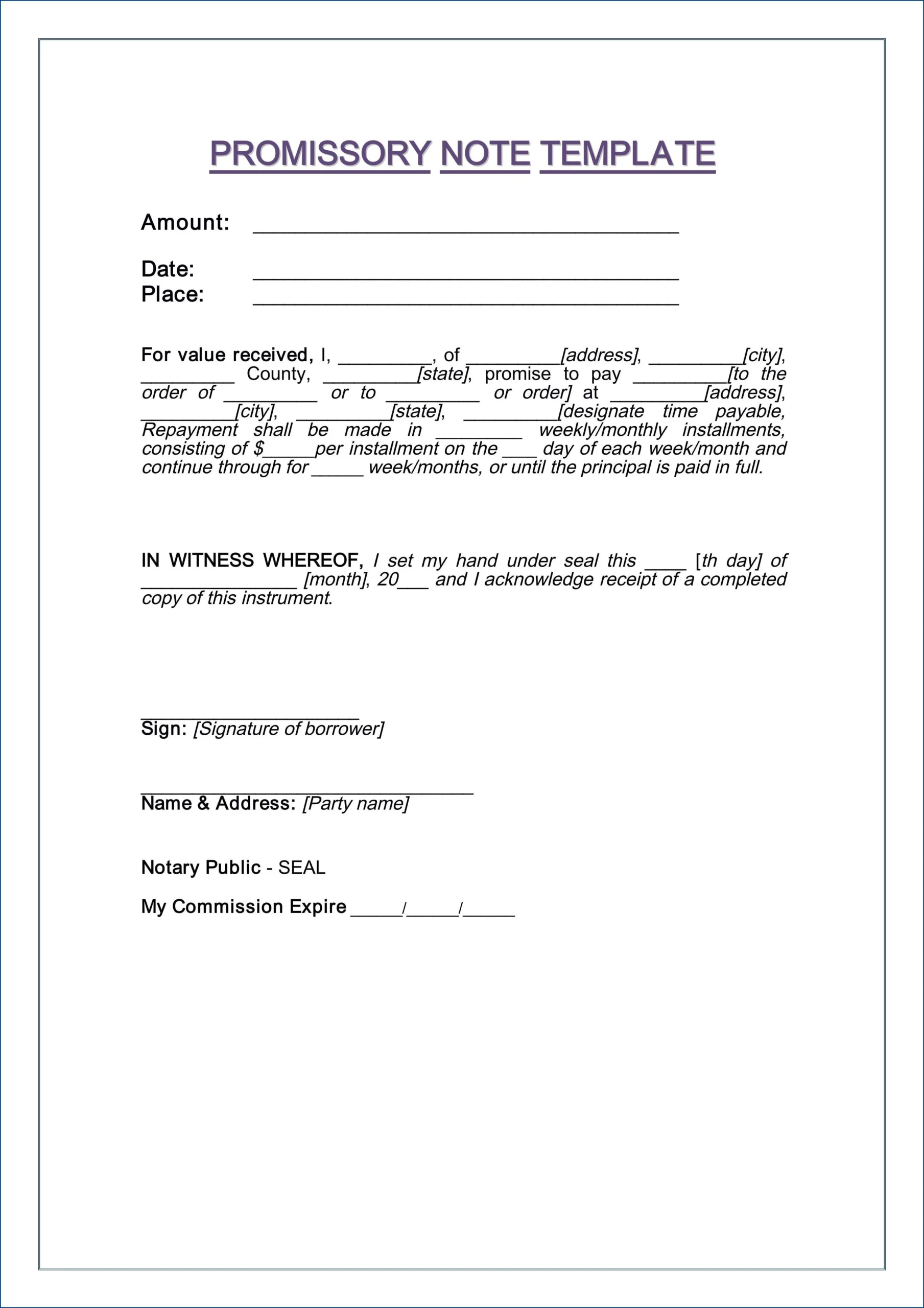 Promissory Agreement Template Example