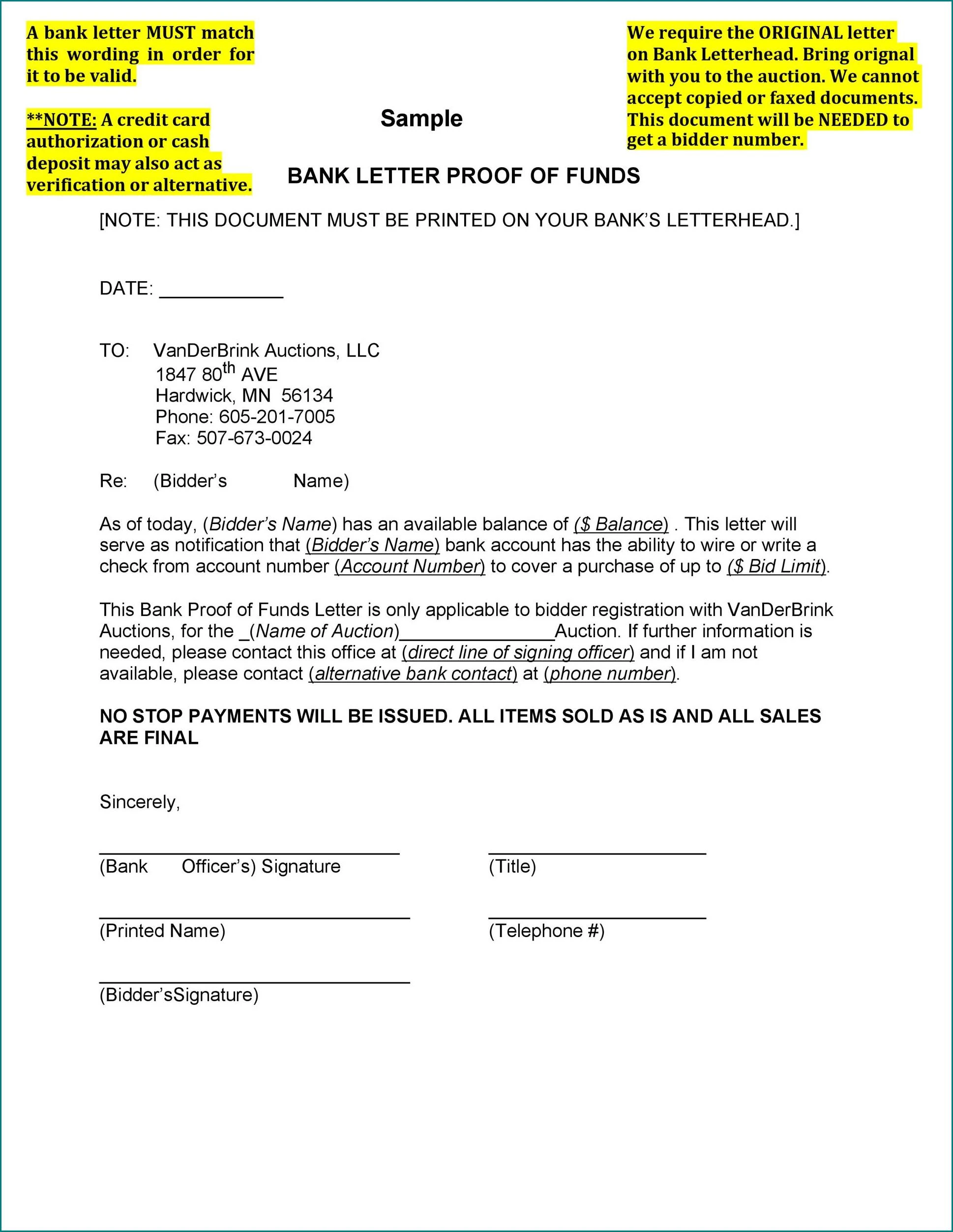 Proof of Funds Letter Template Example