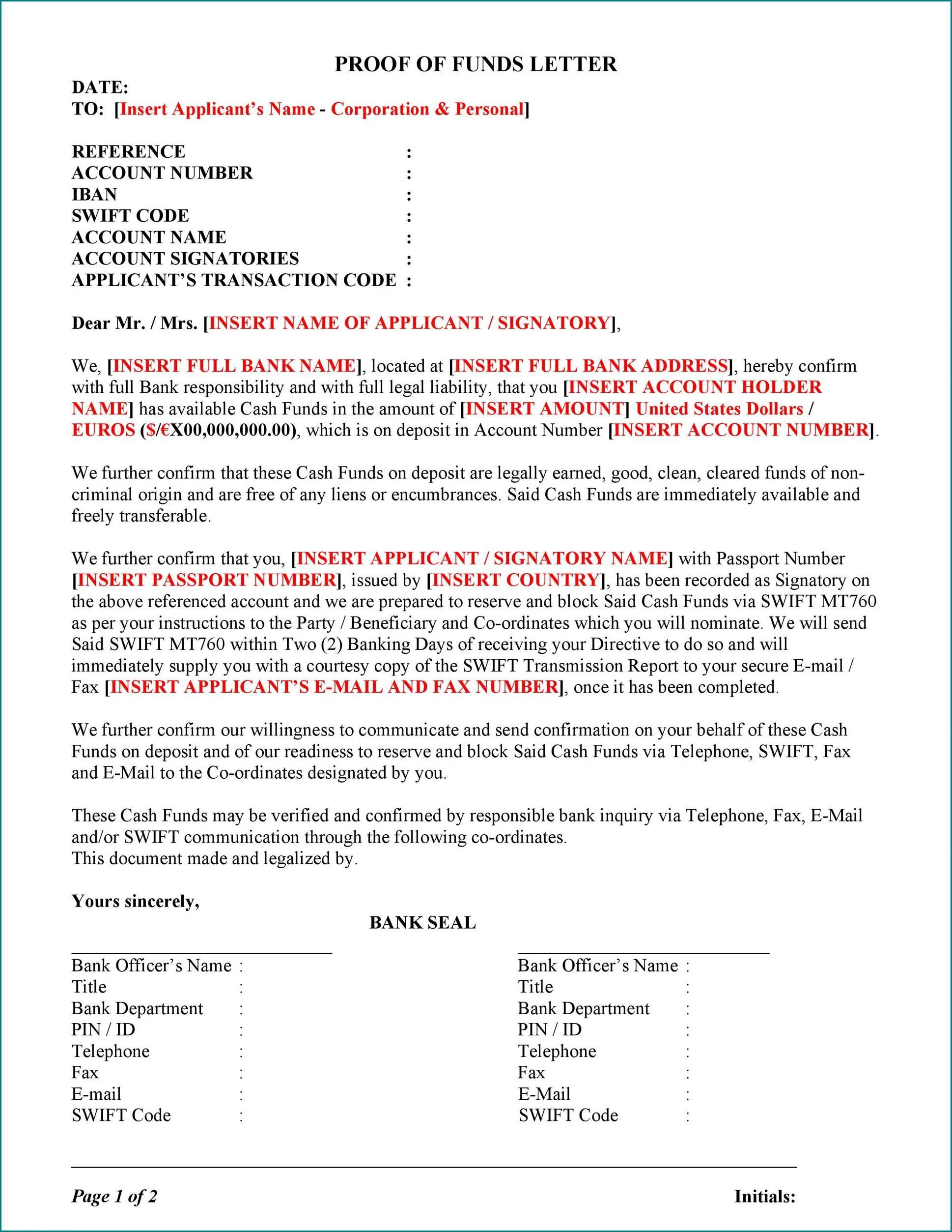 Proof of Funds Letter Template Sample