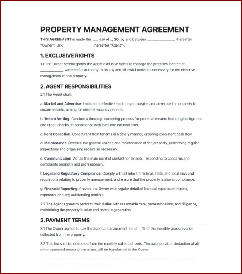 Property Management Agreement Template Example