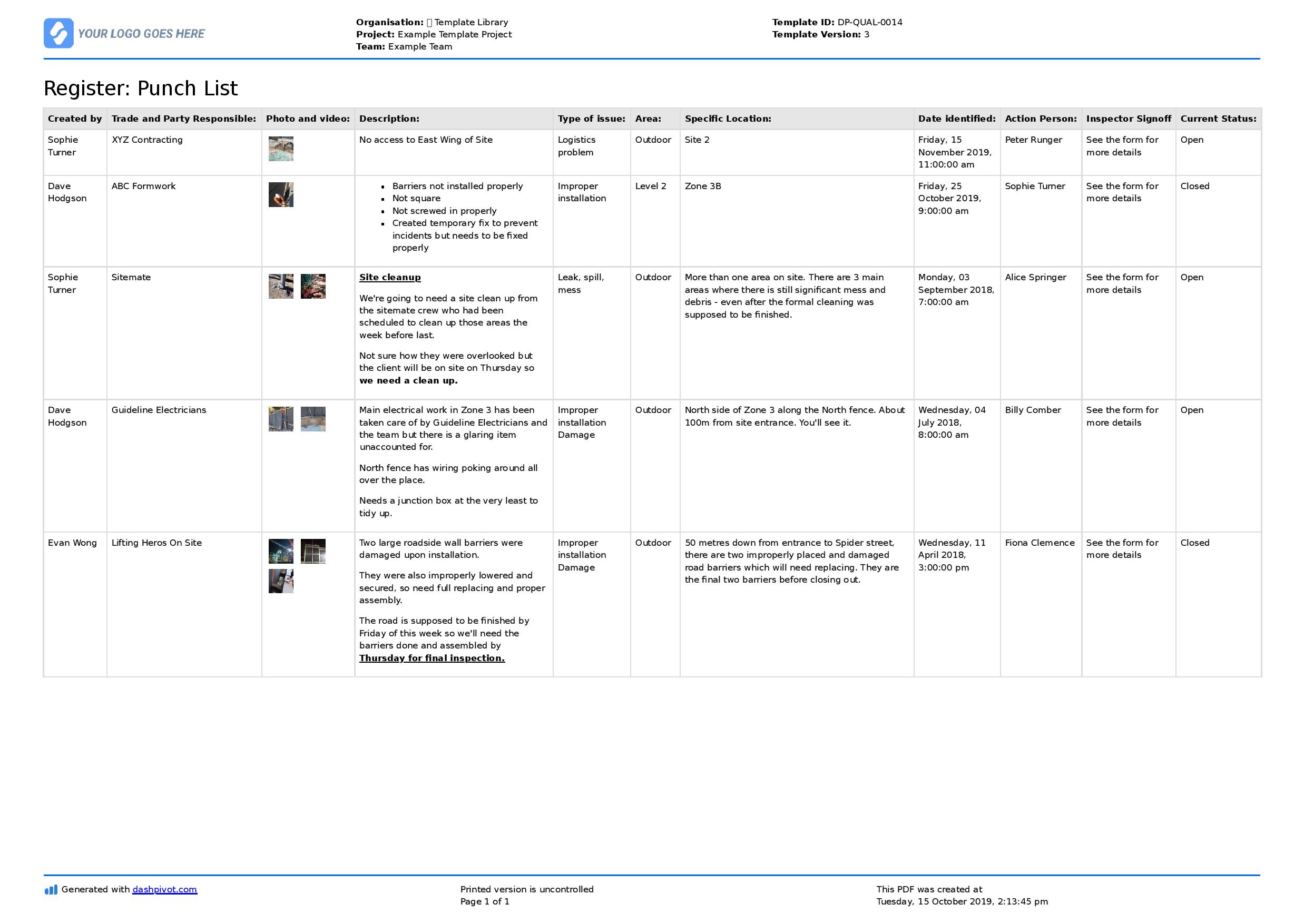 Punch List Template