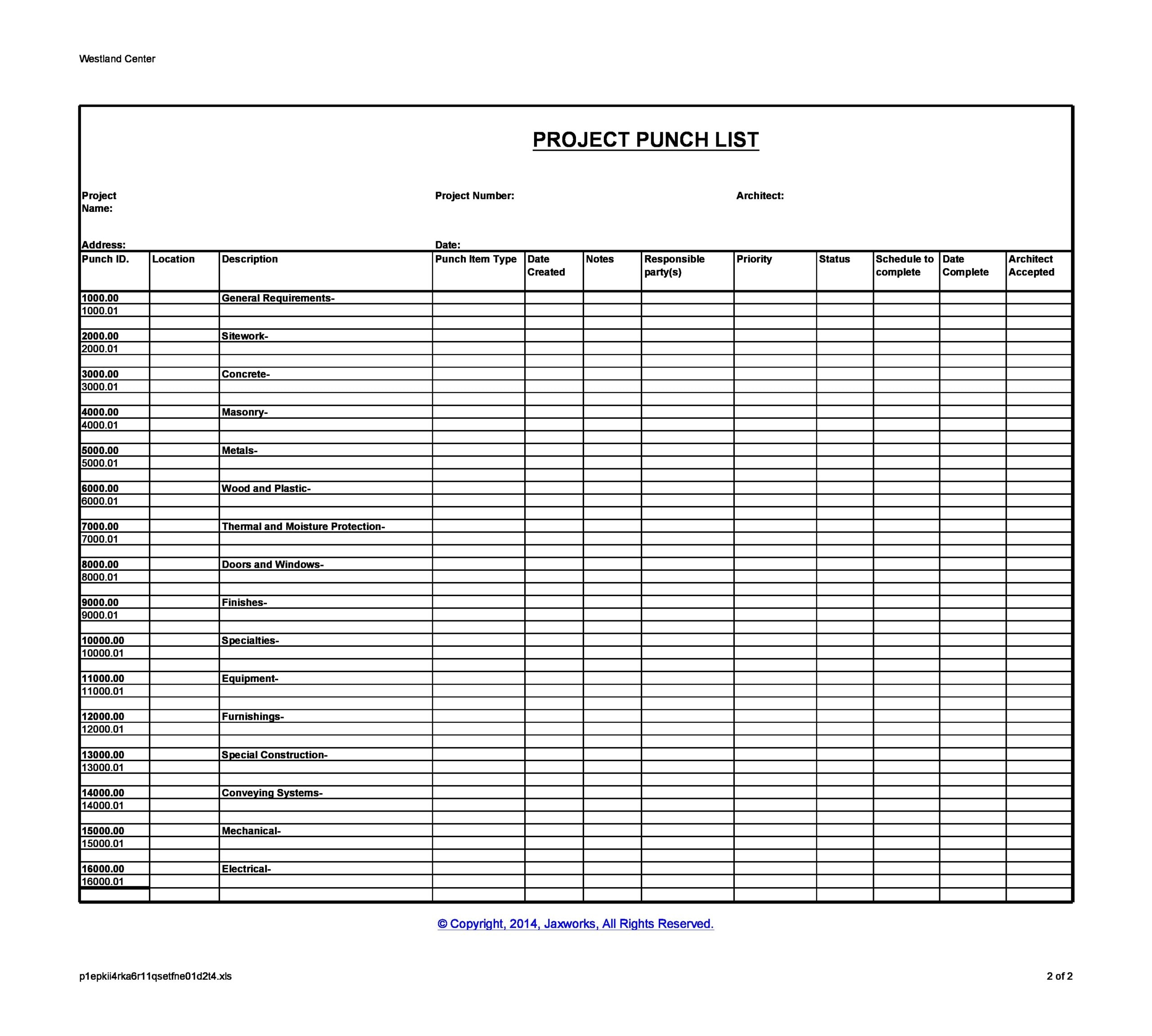 Punch List Template