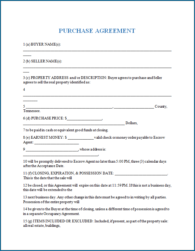Free Printable Purchase Agreement Template