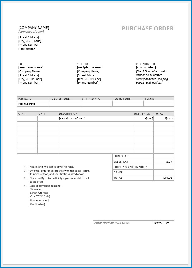 Free Printable Purchase Order Form