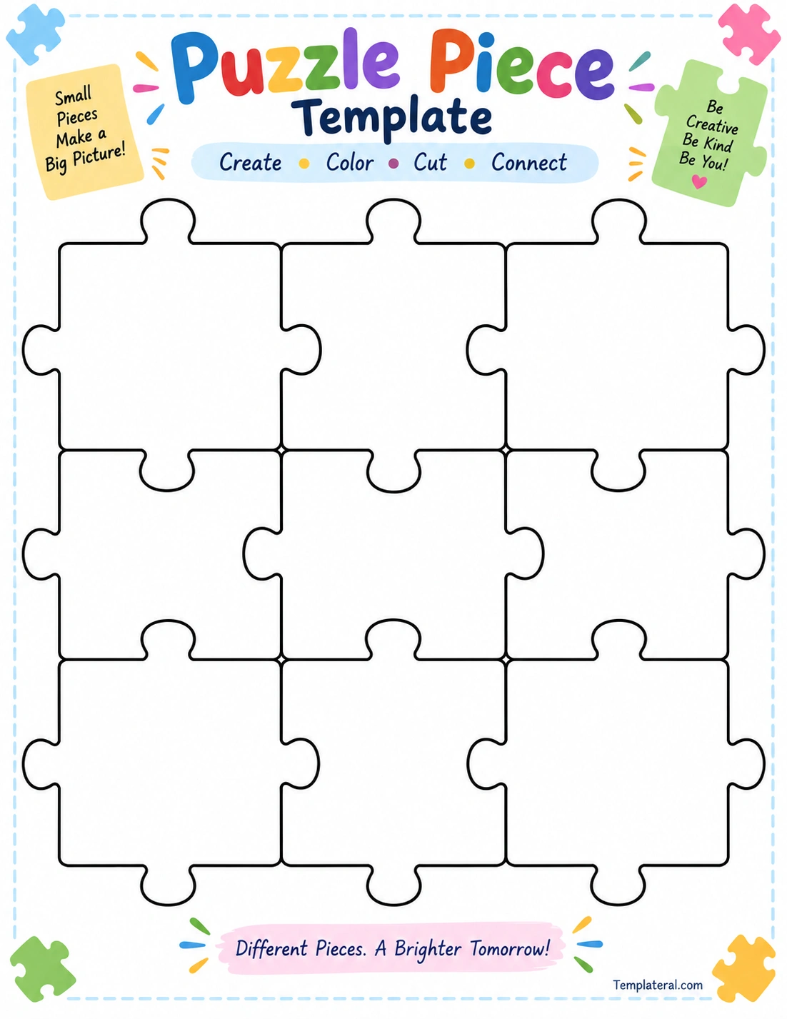 Puzzle Piece printable puzzle piece template for kids with blank interlocking puzzle pieces for coloring, cutting, decorating, and classroom activities