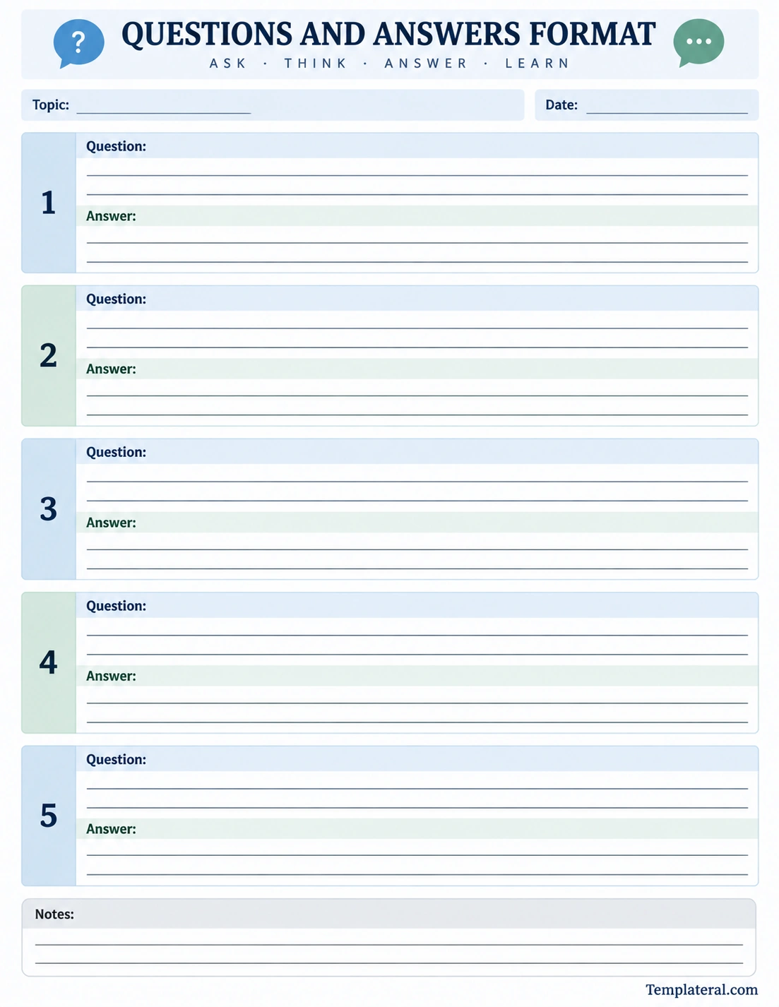 Questions and Answers Format Printable questions and answers format template with numbered question and answer sections and notes area