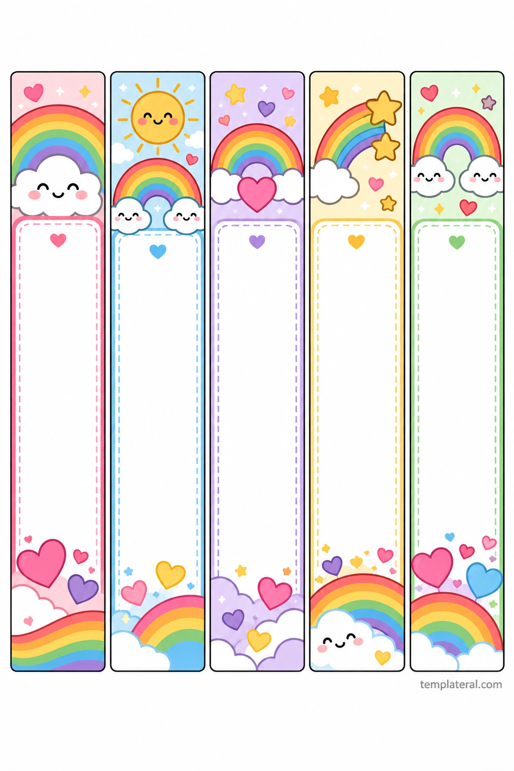 Rainbow Bookmark Template Printable rainbow bookmark template with pastel rainbows, smiling clouds, colorful hearts, stars, and a cheerful sun