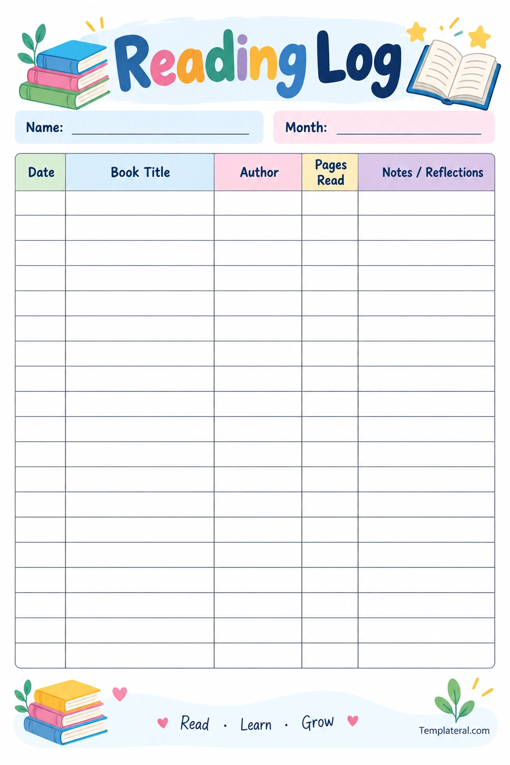Reading Log Printable reading log template for tracking books, authors, pages read, and notes