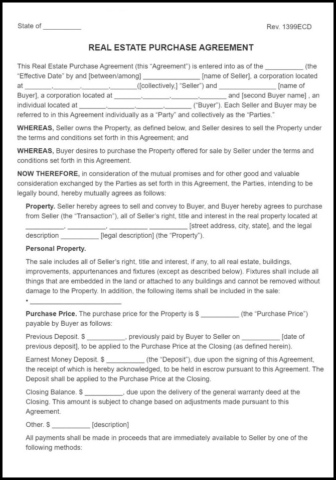 Real Estate Purchase Agreement Template Sample Real Estate Purchase Agreement Template Sample