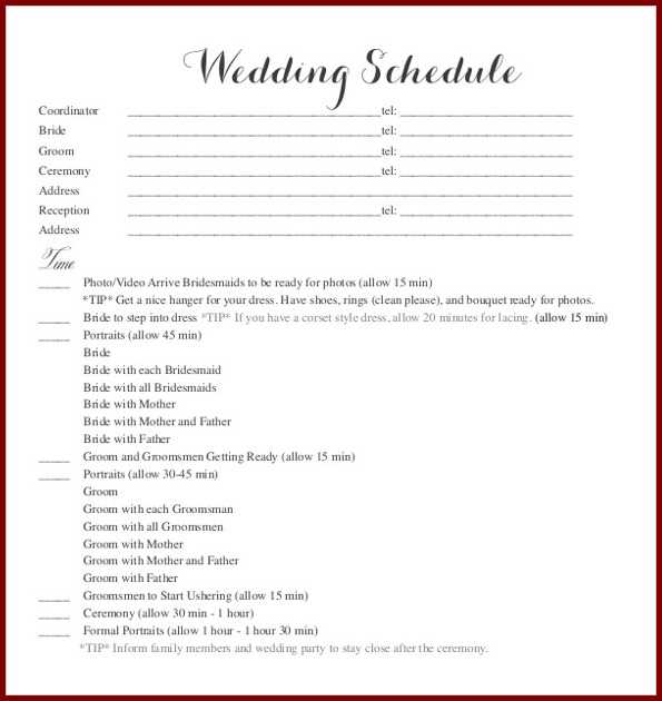 Reception Schedule Template Sample Reception Schedule Template Sample