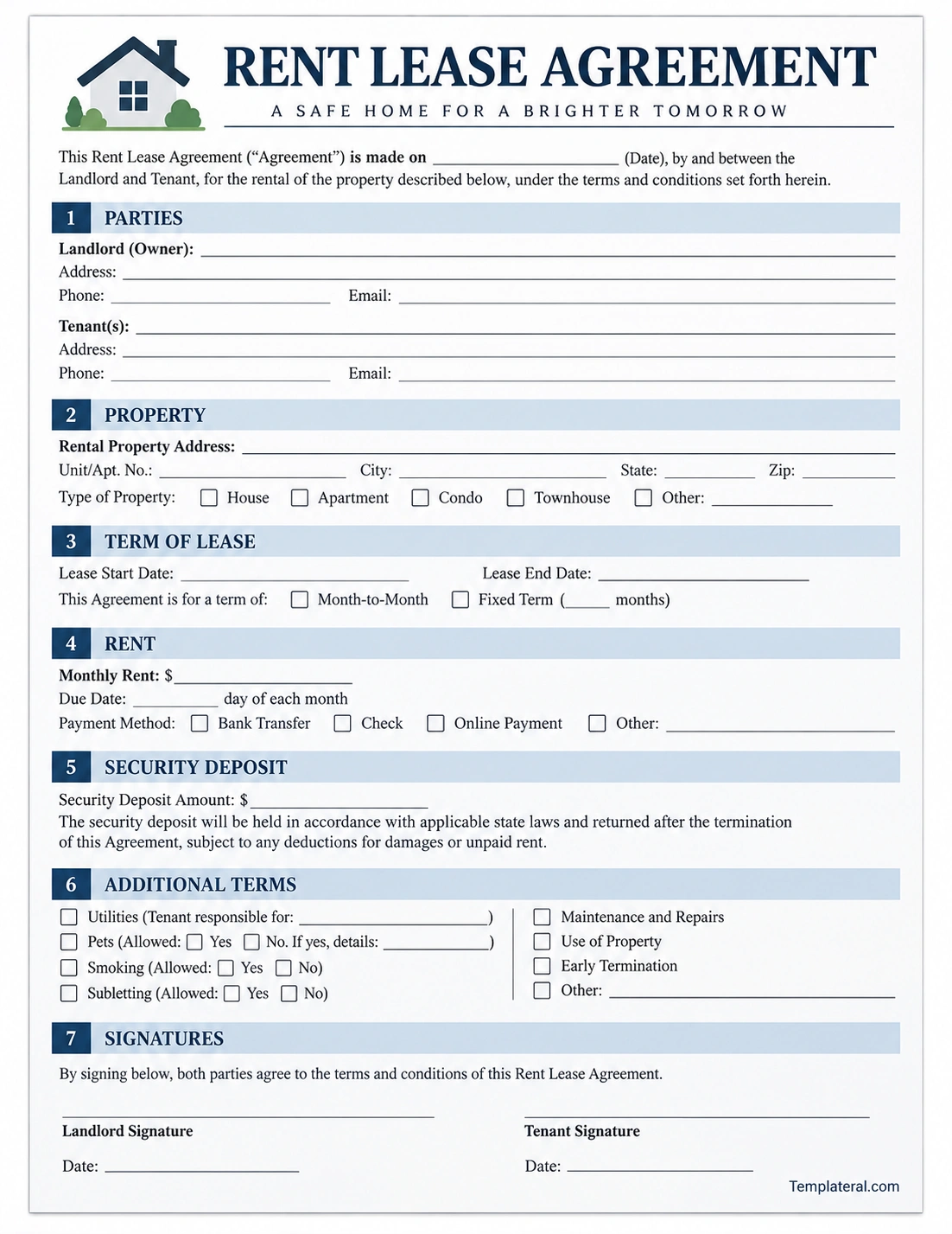 Rent Lease Agreement Printable rent lease agreement template with landlord, tenant, property, rent, deposit, and signature sections