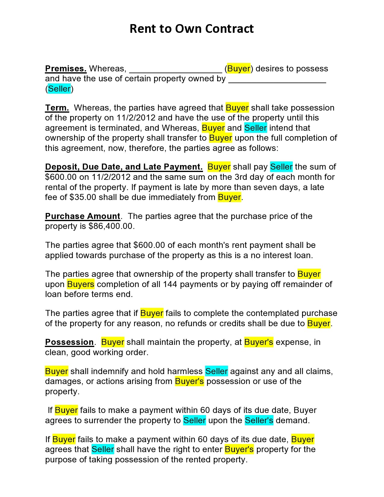 Rent to own Agreement Template Rent to own Agreement Template