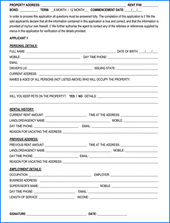 Rental Application Form Word Example