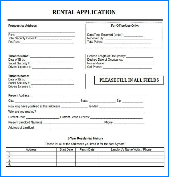 Rental Application Form Word Sample