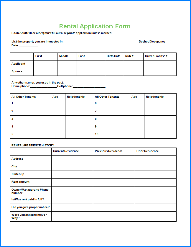 Free Printable Rental Application Form Word