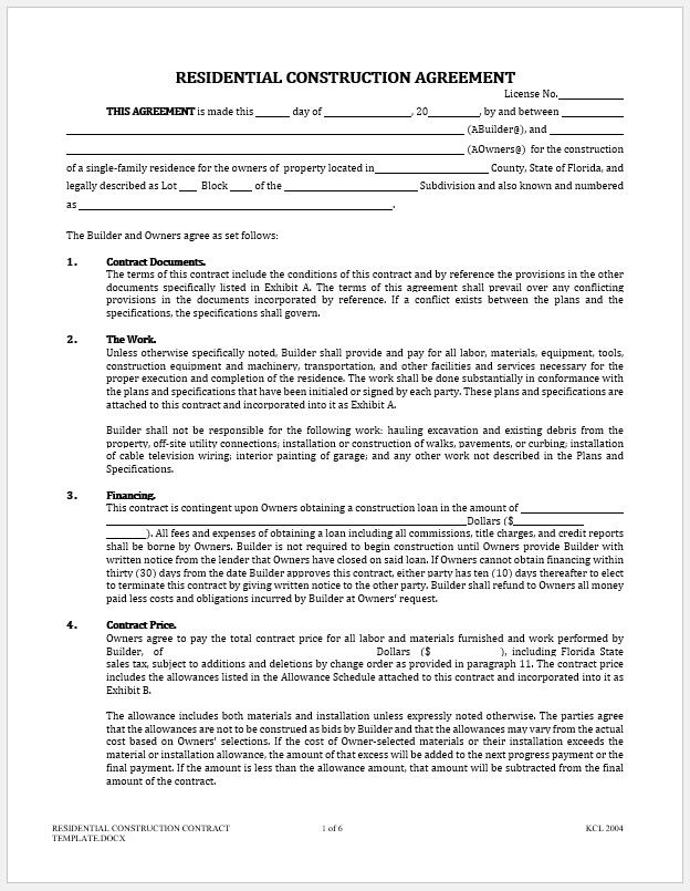 Free Printable Residential Construction Contract Template
