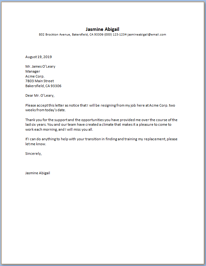 Free Printable Resignation Letter Of Job Template