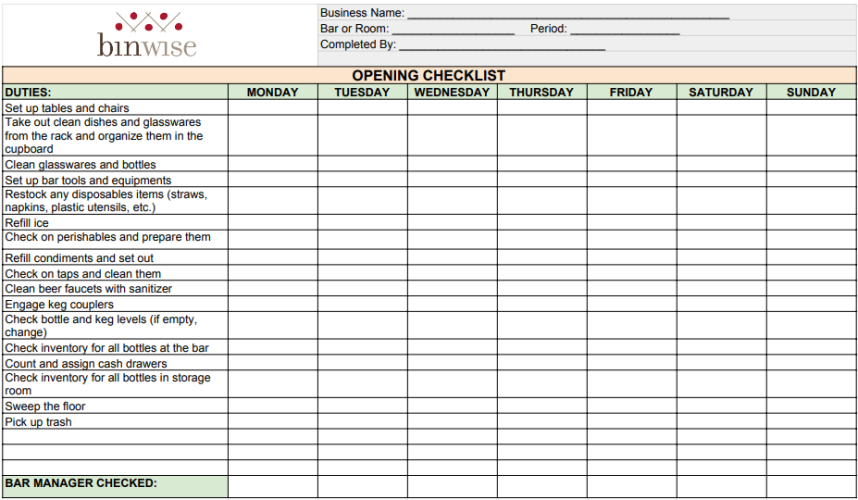 √ Restaurant Opening Closing Hour Checklist Template