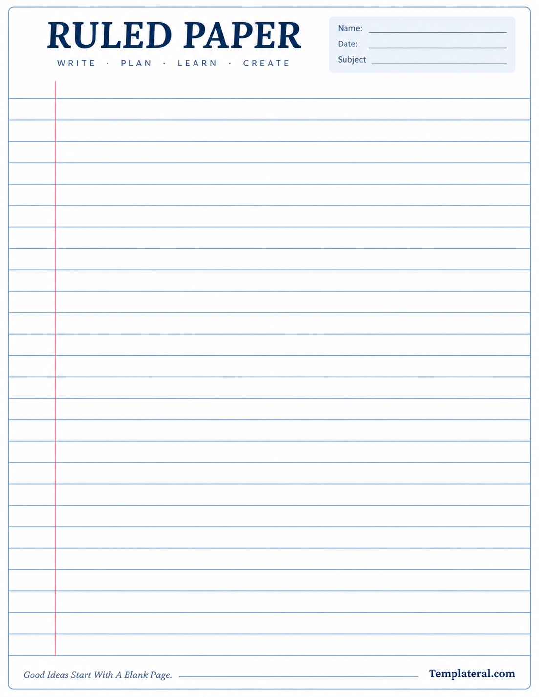 Ruled Paper Template Printable ruled paper template with horizontal lines and a vertical margin for writing and notes