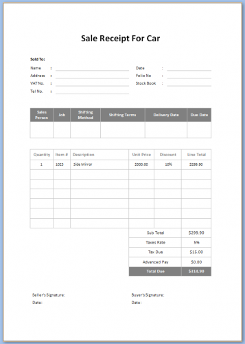 free printable sale receipt for car templateral