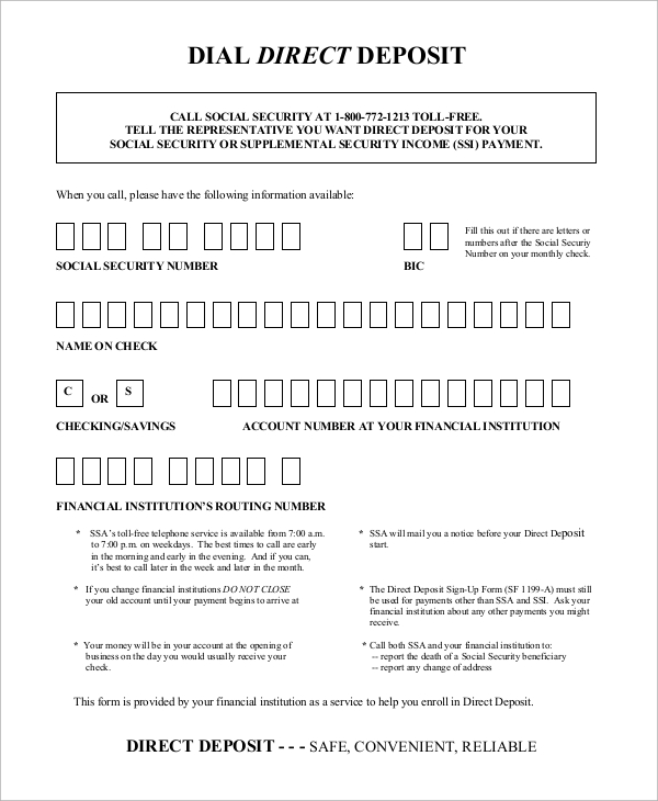 Sample Social Security Direct Deposit Form Sample Social Security Direct Deposit Form