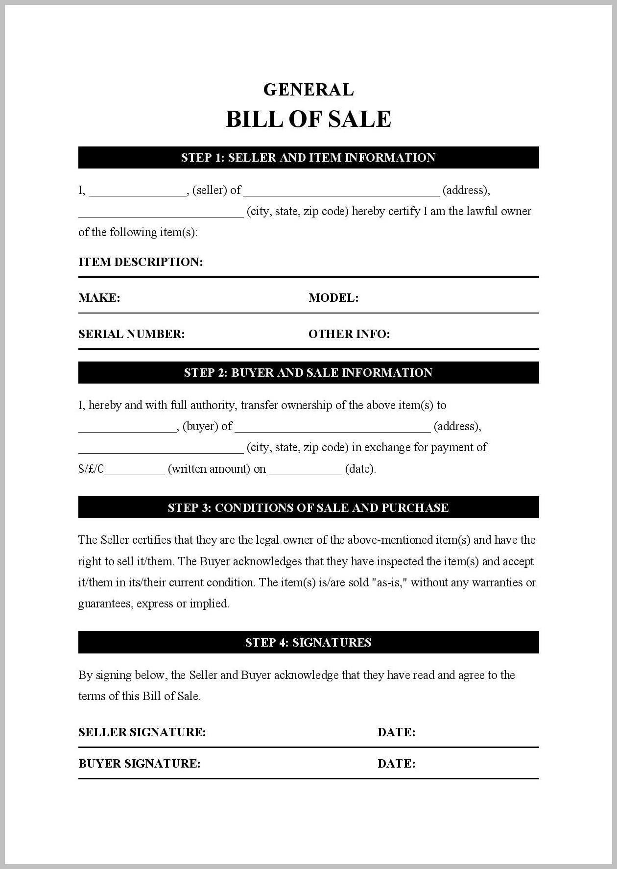 Sample Standard Bill of Sale Template Sample Standard Bill of Sale Template