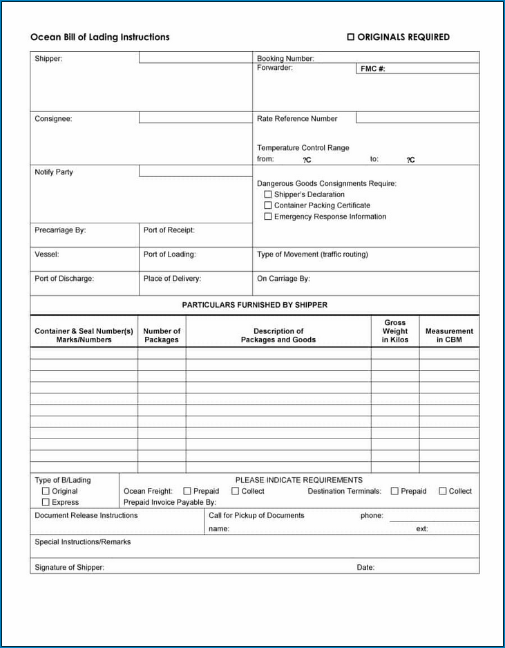 Sample of Bill Of Lading Template