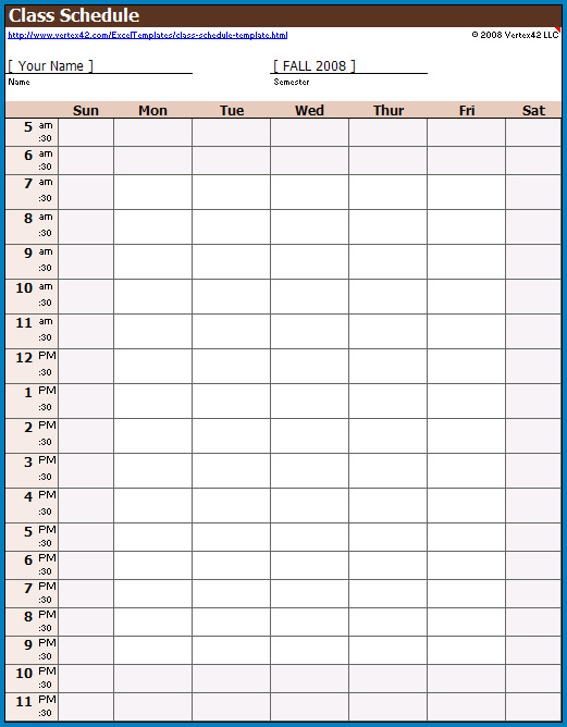 Sample of Class Schedule Template