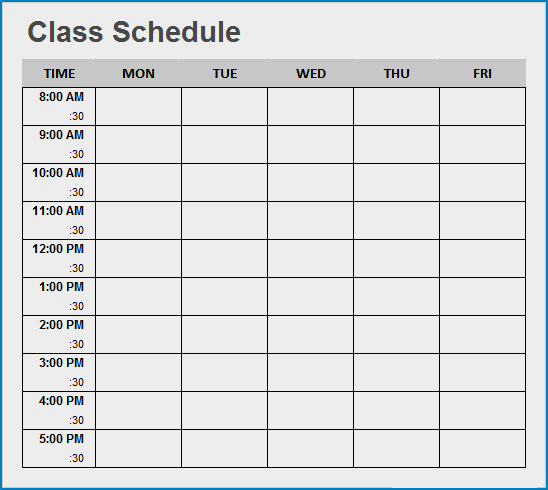 Sample of College Class Schedule Template