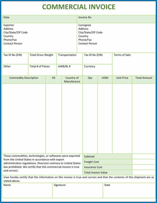 Sample of Commercial Invoice Template