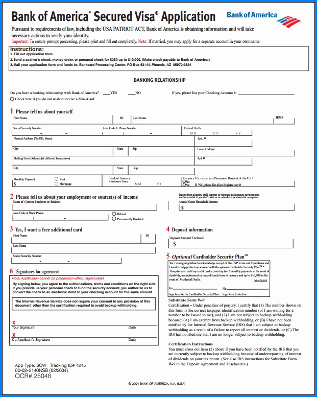 Sample of Credit Card Application Form