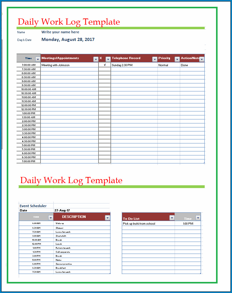 Sample of Daily Work Log Template