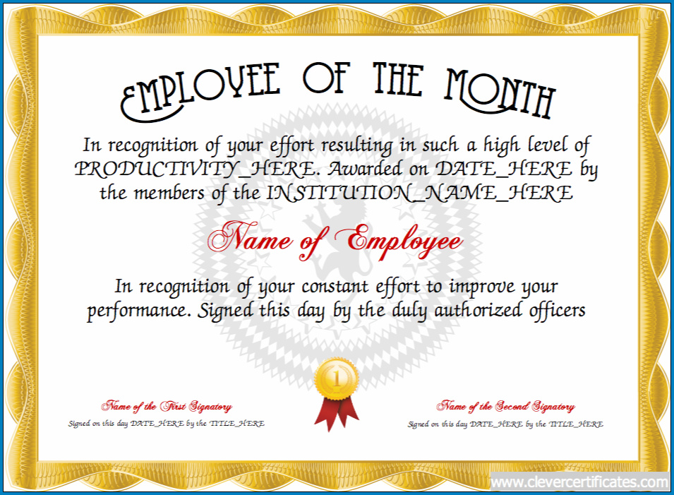 Sample of Employee Of The Month Certificate Template