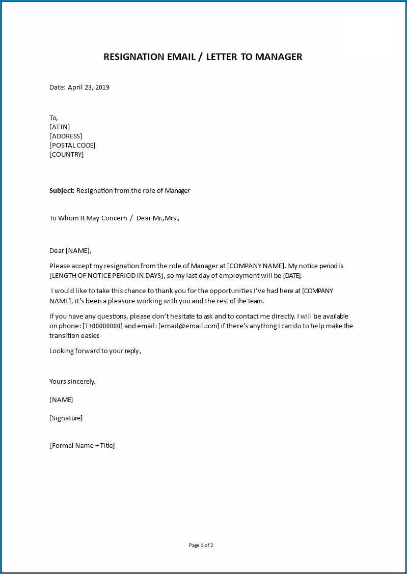 Sample of Employment Resignation Letter Template