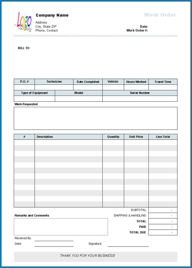 Sample of Free Work Order Template