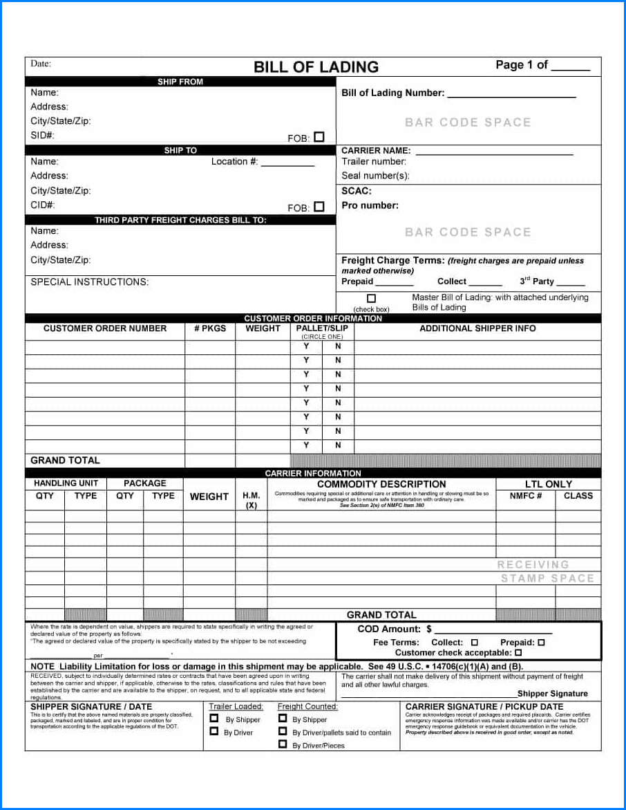 Sample of Generic Bill Of Lading Form