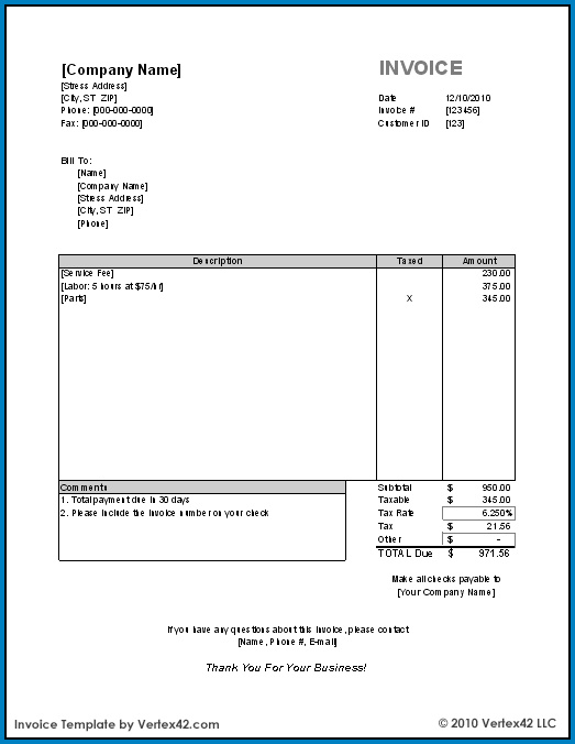 Sample of Generic Invoice Template