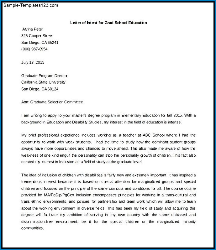 Sample of Graduate School Letter Of Intent